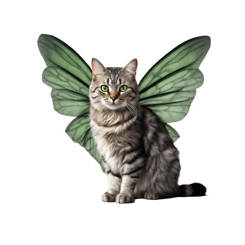 a realistic style image of a grey tabby cat with green fairy wings