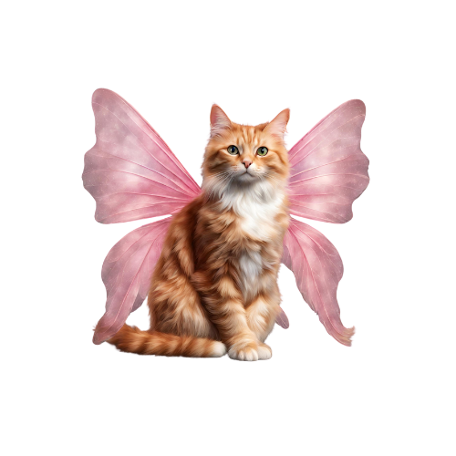 a realistic style image of a ginger cat with pink fairy wings